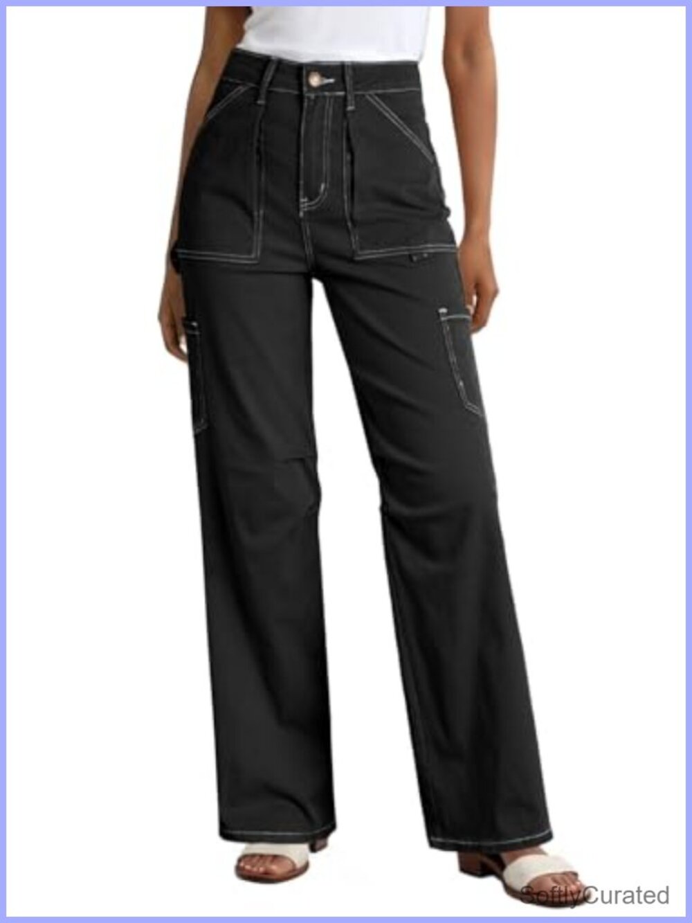 Women's High Waisted Wide Leg Cargo Pants Cotton Elastane Casual